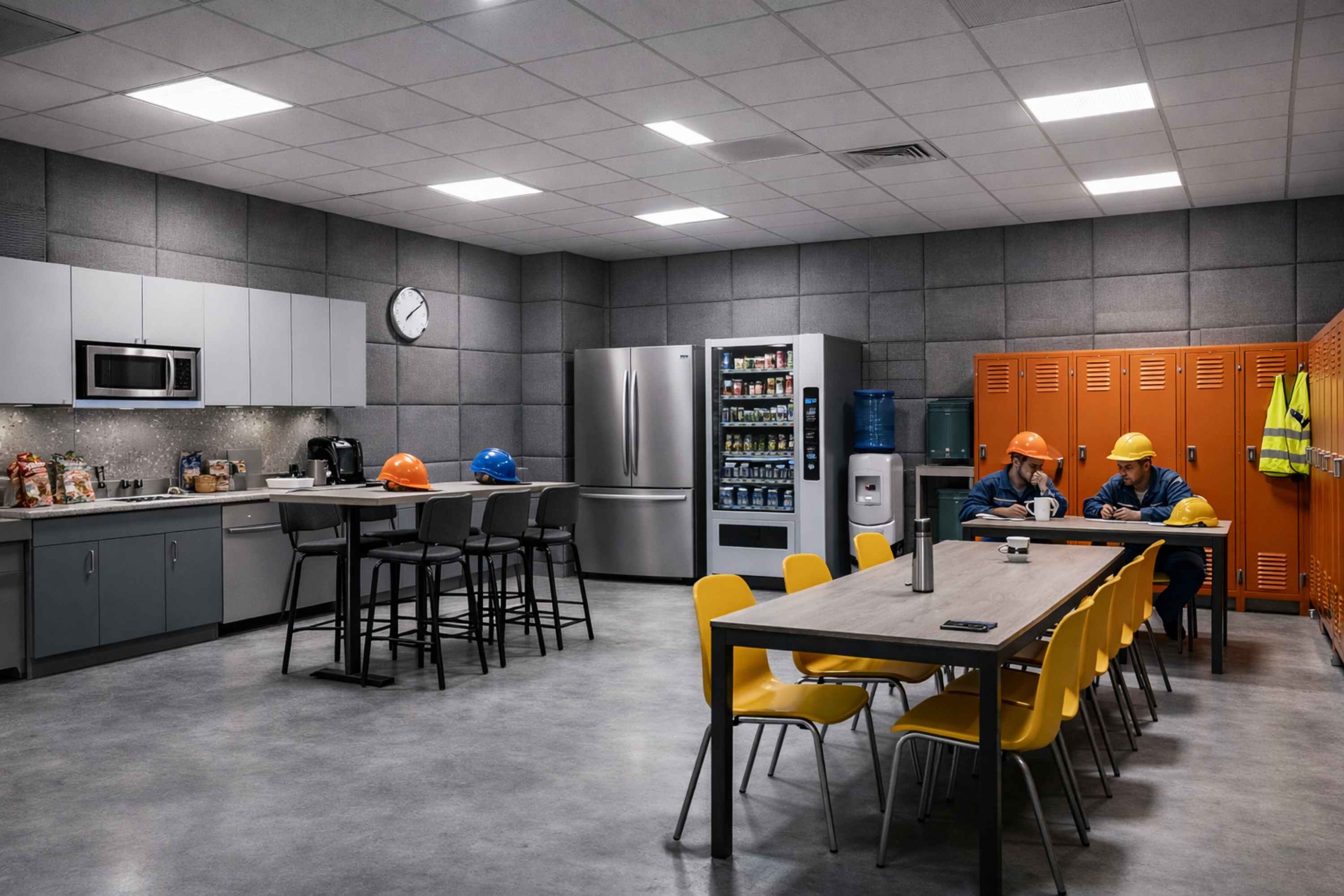 Soundproof worker rest zone and break room in industrial plant